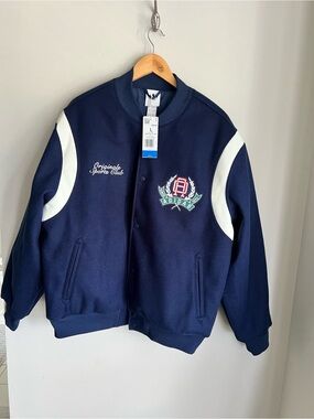adidas Navy Blue & White Varsity Bomber Jacket Size L New!!